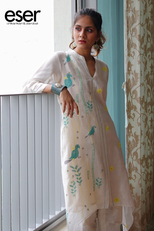 Chanderi Cream Motif Kurta | Eser